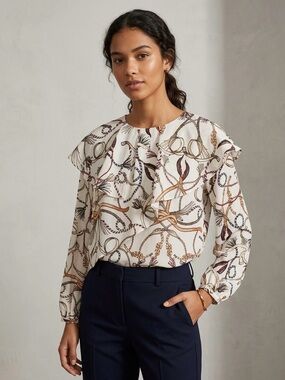 Zara Printed Ruffle Blouse Size Small Boho Rope Chain Print Flowy Top Nautical